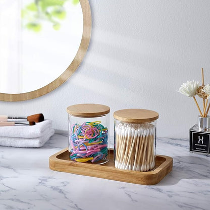 INIUNIK Qtip Holder with Bamboo Vanity Tray, Glass Apothecary Jars with Lids, Cotton Ball Swab Pad Rounds Holder Bathroom Canister Jars for Bathroom Restroom Decorations and Organizer