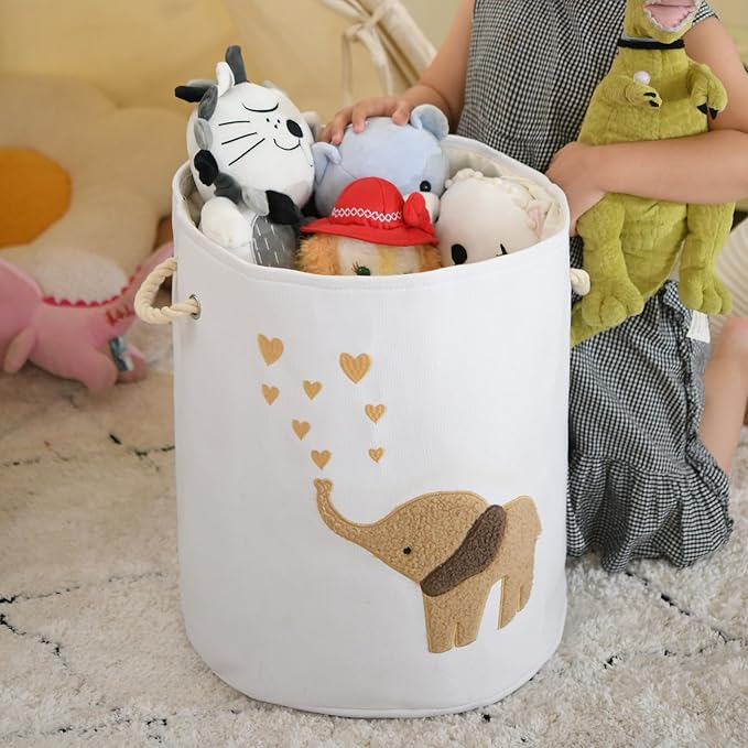 Baby Laundry Basket Laundry Hamper, Canvas 58L XL Baby Clothes Basket, Collapsible Brown Laundry Basket for Nursery Toy Baskets with Drawstring Closure, KidsRoom Decor for Boys