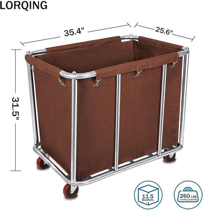 10 Bushels Laundry Cart Commercial/Home,Heavy Duty Large Stainless Steel Rolling Laundry Basket with Wheels，for Laundry Organizer and Storage,260LBS Load (Brown)