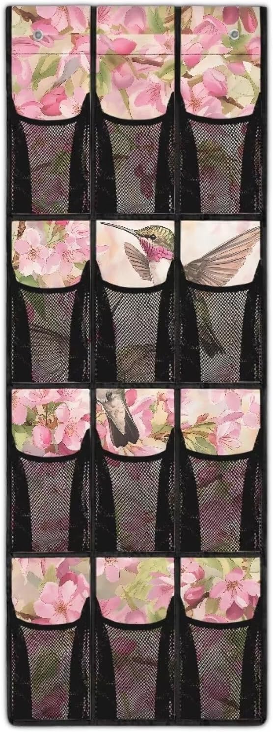 Hummingbird Floral Space Saving Hanging Shoe Organizer,Entryway Bedroom Bathroom Storage Bags with 12 Mesh Large Pockets,Unique Print
