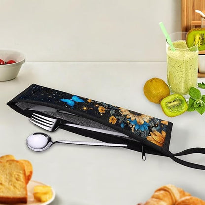 COEQINE Sunflower Utensil Case Black Cutlery Pouch Metal Straws Case Reusable Tableware Carrying Bag Zipper Flatware Bag Portable Travel Utensil Holder for Straw Knife Spoon Fork Chopsticks Gift