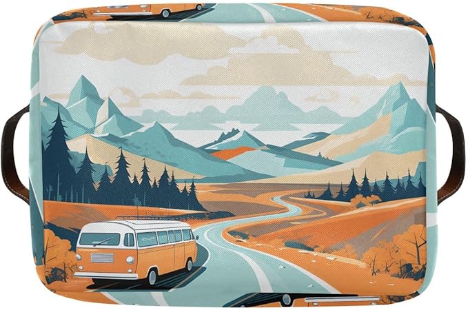 Storage Basket Vintage Camper Van Durable Canvas Collapsible Toy Box Organizer Bin with Handles for Shelf Closet Bedroom Home Office