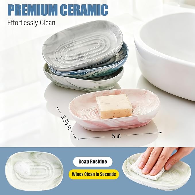 OTHIX Ceramic Soap Dish with Unique Marble Texture, Decorative Bar Soap Holder for Bathroom and Kitchen, Cute Soap Dishes for Bar Soap, Jewelry, Ring (Green Texture)