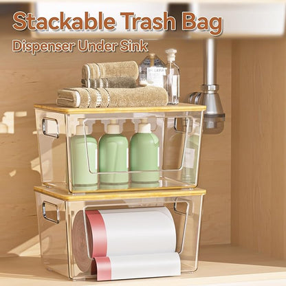 spospo Trash Bag Holder with Bamboo Lid, Stackable Trash Bag Dispenser, Extra Large Storage for Kitchen Laundry Room Under Sink (1Pack)