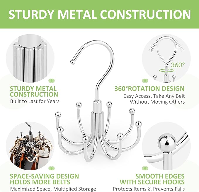 Belt Hanger, 2 Pack Rotatable Belt Organizer Rack for Closet Sturdy Max 48 Belts Storage with 16 Hooks, Hanging Space Saving Closet Organizers for Belts Holder, Silver