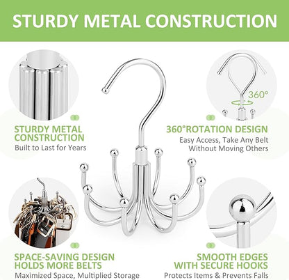 Belt Hanger, 2 Pack Rotatable Belt Organizer Rack for Closet Sturdy Max 48 Belts Storage with 16 Hooks, Hanging Space Saving Closet Organizers for Belts Holder, Silver