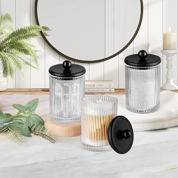 3Pack Glass Qtip Holder Dispenser Set - Bathroom Canister Storage Organizer for Cotton Balls, Swabs, Floss Picks, and Makeup Sponges with Matte Black Metal Lid - Clear Vanity Apothecary Jars