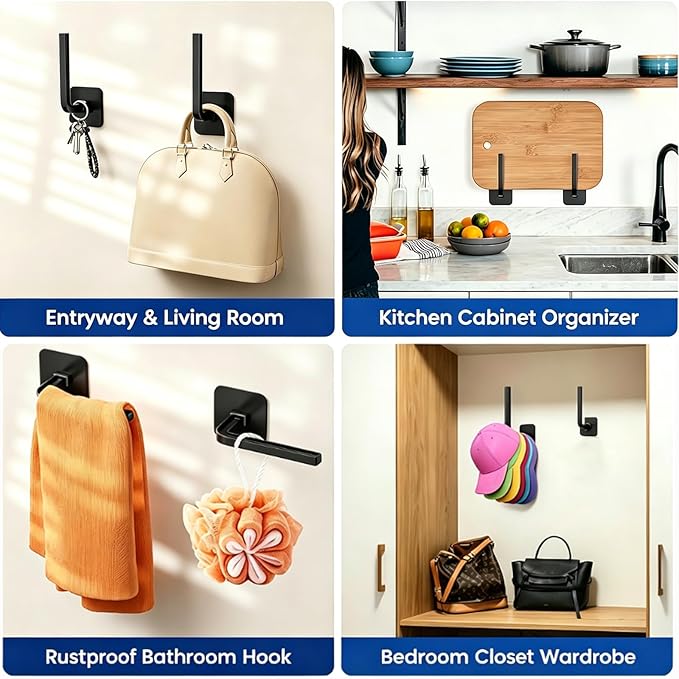 Hat Organizer 4 Pack, Hat Rack for Baseball Caps Holds 10+ Caps Each, Hat Hooks for Wall, Strong Adhesive & Screw Mount Hat Holder, Space Saving Storage for Closet Door Bedroom, RV Accessories, Black