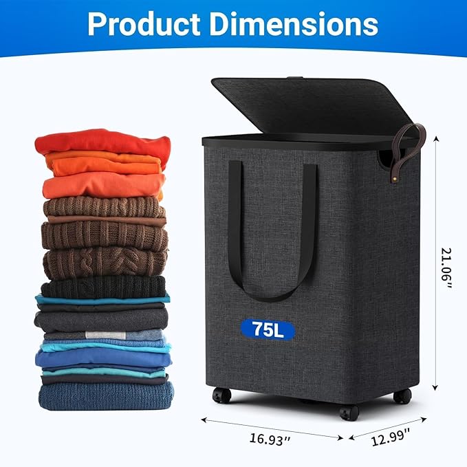 Laundry Basket with 5 Wheels, Tall Dirty Laundry Hamper, Rolling Laundry Basket with Lid, Collapsible Clothes Hamper for Bathroom Bedroom Dorm Laundry Room, Dark Gray, 75L
