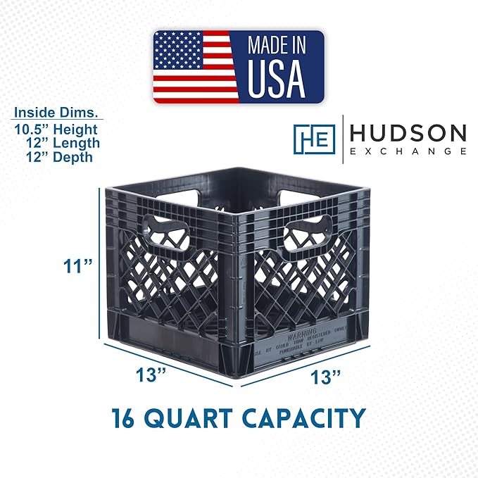 Hudson Exchange 13 x 13 x 11" (16 Quart, 4 Pack) Mesh Commercial Grade Milk Crate Handled Storage Container Tote, Black