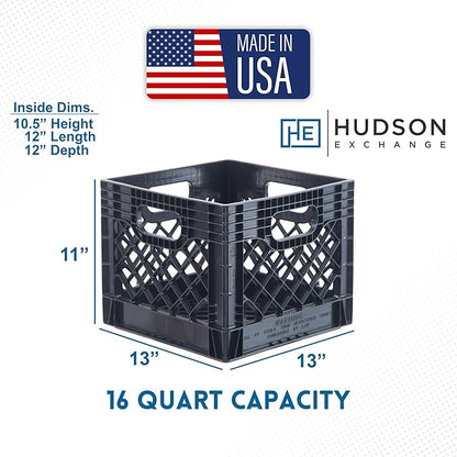 Hudson Exchange 13 x 13 x 11" (16 Quart, 4 Pack) Mesh Commercial Grade Milk Crate Handled Storage Container Tote, Black