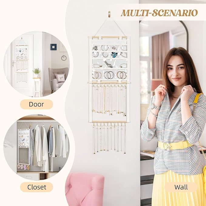Necklace Holder Wall Mount, Hanging Jewelry Organizer, 20 Hooks & 14 Pockets, Wall Necklace Organizer With Detachable PVC Bags for Tavel, Jewelry Necklace Hanger for Bracelets,Rings Display