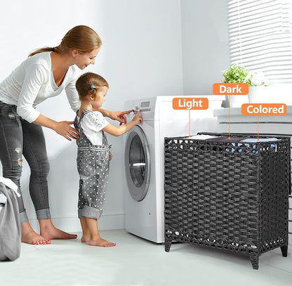 Laundry Hamper with 3 Removable Liner Bags; 132L Handwoven Rattan Laundry Basket with Lid & Heightened Feet; Clothes Hamper with Side Handles; Laundry Sorter with 3 Separate Sections