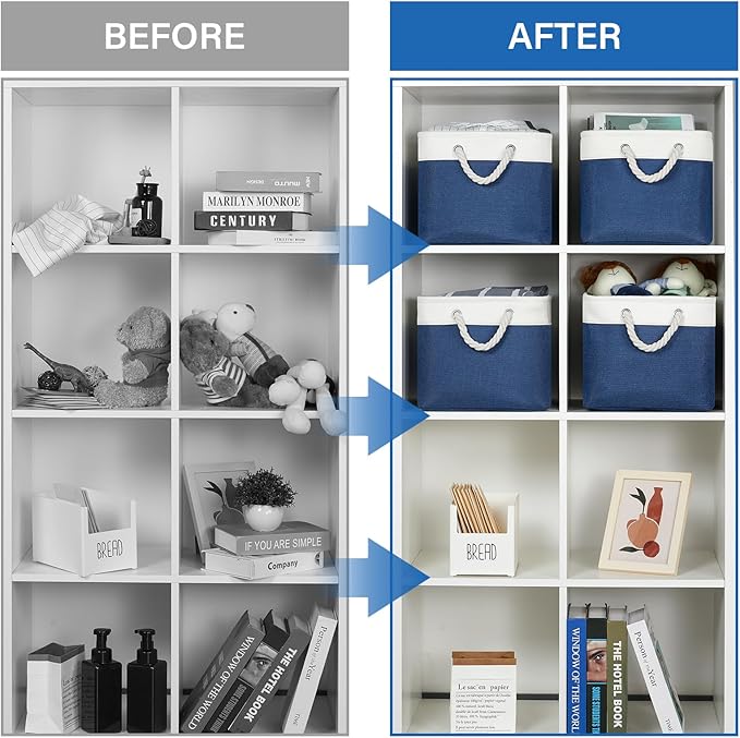 Temary Fabric Storage Baskets 4Pack Storage Bins Decorative Basket for Gift, Clothes Bin with Rope Handle, Rectangle Baskets for Storage, Blankets(White&Blue,15x11x9.5 inch)