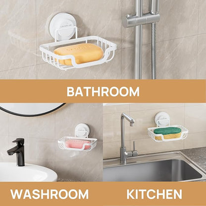 LEVERLOC Soap Dish, Soap Bar Holder for Shower Suction Cup Wall Mounted, Stainless Steel No-Drilling Removable Waterproof Sponge Holder for Bathroom Bathtub Kitchen Sink, Keep Dry, White
