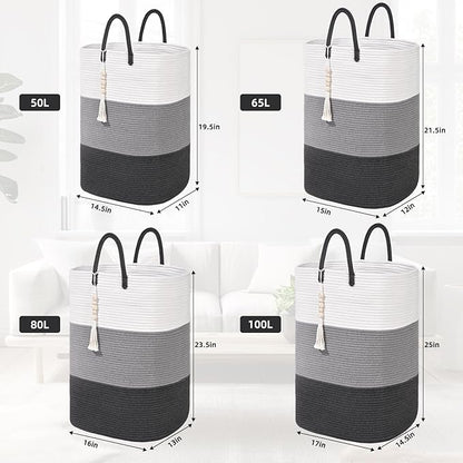 Woven Laundry Basket for Clothes,65 L Large Rectangle Laundry Hampers with Beads Tassel, Nursery Storage Basket for Toys, Tall Dirty Clothes Hamper for Bedroom Aesthetic, Laundry Room Organization