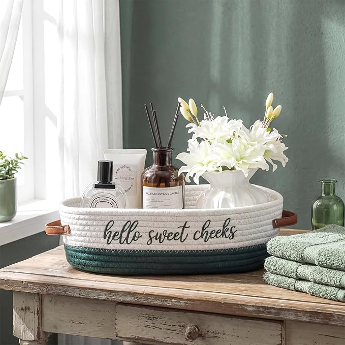 Hello Sweet Cheeks Bathroom Decoration Green and White Cotton Rope Toilet Basket Toilet Paper Holder Basket Rustic Bathroom Organizer Farmhouse Home Decoration Organizing Small Baskets