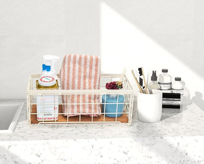 TIEYIPIN Metal Wire Storage Basket, Toilet Paper Roll Holder Wood Base Countertop Decor Box Toilet Tank Shelf Cabinet Organizer for Bathroom Pantry Garage Bedroom Livingroom - Cream White
