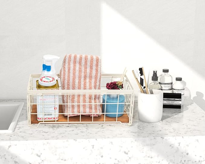 Metal Wire Storage Basket, Toilet Paper Roll Holder Wood Base Countertop Decor Box Toilet Tank Shelf Cabinet Organizer for Bathroom Pantry Garage Bedroom Livingroom (Cream White (2 Pack))