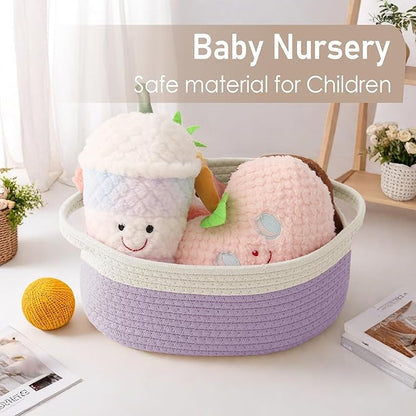 JMvicyroam Woven Basket,Small Rope Storage Bin with Handles & Ribbon Bag, Organizer for Shelves Closets,Gift Basket Empty for Birthday,Books,Dog Toys, White&Purple/3 Pack