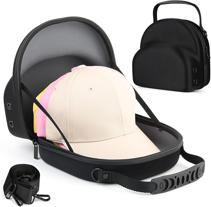 GERMUN Hard baseball hat case, Hat Carrier Travel Case with Adjustable Shoulder Strap, Hat cap case for 3 Baseball Caps - Perfect for Traveling & At-Home Storage (Black with Grey)