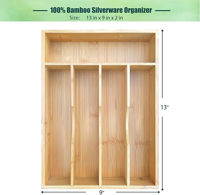 guiogc Bamboo Kitchen Drawer Silverware Organizer, 9 Inch Silverware Utensils Tray Holder for Small Drawer, Cutlery Tray, Wood Caddy for Flatware Cutlery Knives 5-Slots