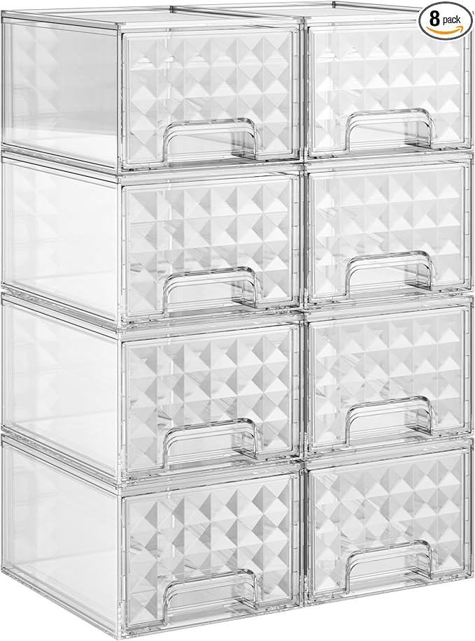 Delamu 8 Pack Stackable Storage Drawers, Makeup Skincare Holder Vanity Storage Organizer, Plastic Drawers For Vanity Desk, Undersink, Kitchen Cabinet, Pantry, Clear, Ideal Gifts for Women