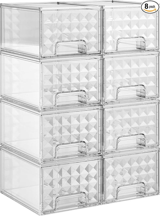 Delamu 8 Pack Stackable Storage Drawers, Makeup Skincare Holder Vanity Storage Organizer, Plastic Drawers For Vanity Desk, Undersink, Kitchen Cabinet, Pantry, Clear, Ideal Gifts for Women