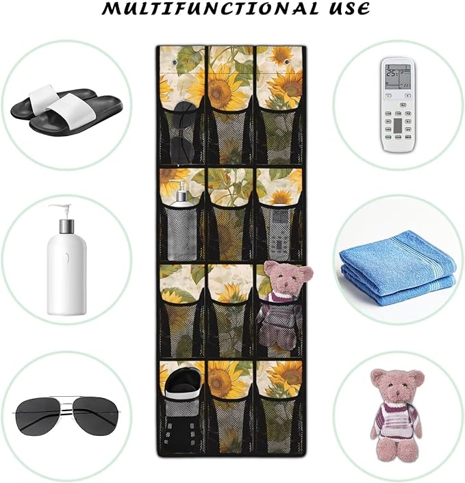 Sunflowers Over Door Art Supply Organizer - 12 Deep Pockets for Scissors, Markers, Yarn - Dye-Resistant Fabric