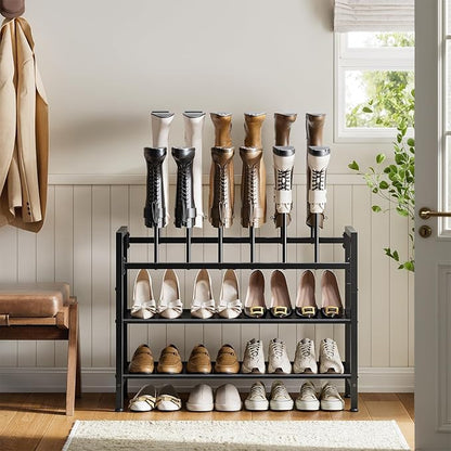 Free Standing Shoe Racks, 4-Tier Boot Rack Organizer for Tall Boots, Sneakers, High-Heel, Black Metal Shoe Storage for Dorm Room, Closet, Entryway, Hallway, Black, Holds 6 Pairs