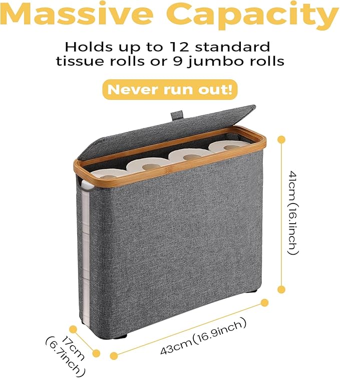 Elegant Toilet Paper Storage with Lid, Narrow Toilet Paper Holder Beside Toilet, Classy Bathroom Tissue Storage, Slim Toilet Paper Storage, Waterproof Oxford Fabric for Mega Rolls 30L (Gray)