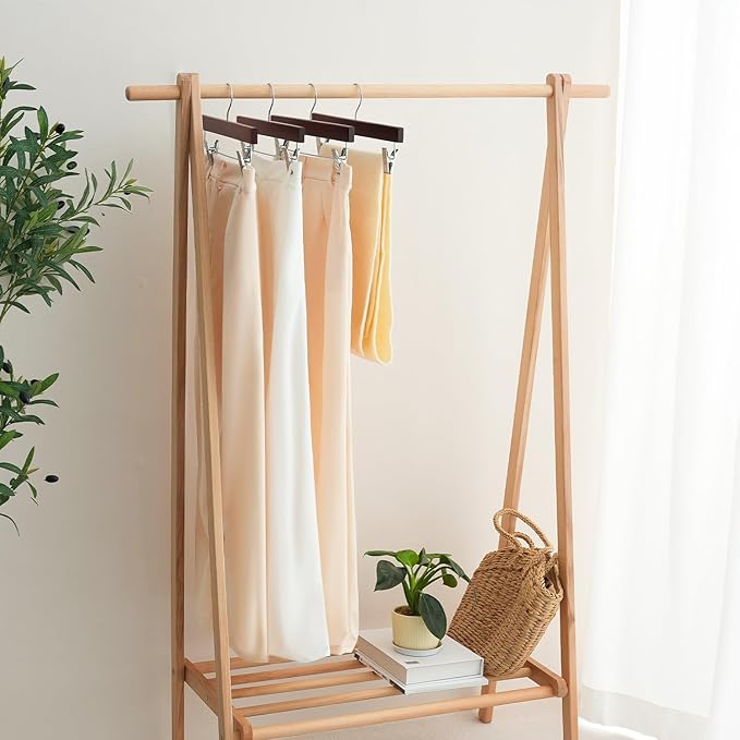 BAGAIL 20 Pack Wooden Pants Hangers with Adjustable Clips, 360°Swivel Hook Space Saving Skirt Holders with Anti-Rust Clips for Trousers, Jeans, Shorts(Walnut)