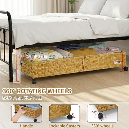 Under Bed Storage with Wheels, 31.5In/40L Large Rolling Underbed Storage Organizer Drawers Bins, Rattan Under the Bed Storage Containers with Handles, Space Saving Design for Clothes,Shoes,Books