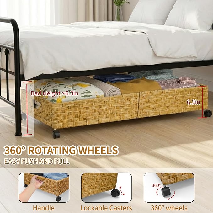 Under Bed Storage Containers with Wheels, 31.5” Large Handwoven Rattan Rolling UnderBed Storage Bins, Tool-free Assembly Natural Under The Bed Organizer Drawers for Bedroom, Sheets Clothes Blankets