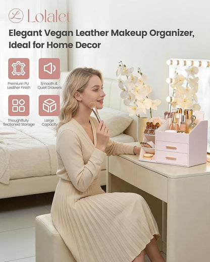 Lolalet Makeup Organizer Countertop with Drawers, Easy to Clean PU Leather Storage Box, 3-Layer Cosmetic Holder for Skincare, Lipstick, Perfume & Brush, Display Case for Vanity Dresser Bathroom -Pink