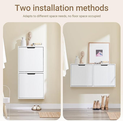 SoBuy Wall Mounted Slim Shoe Cabinet for Entryway, Narrow Shoe Rack Cabinet with 2 Flip Drawers, FSR170 (White)
