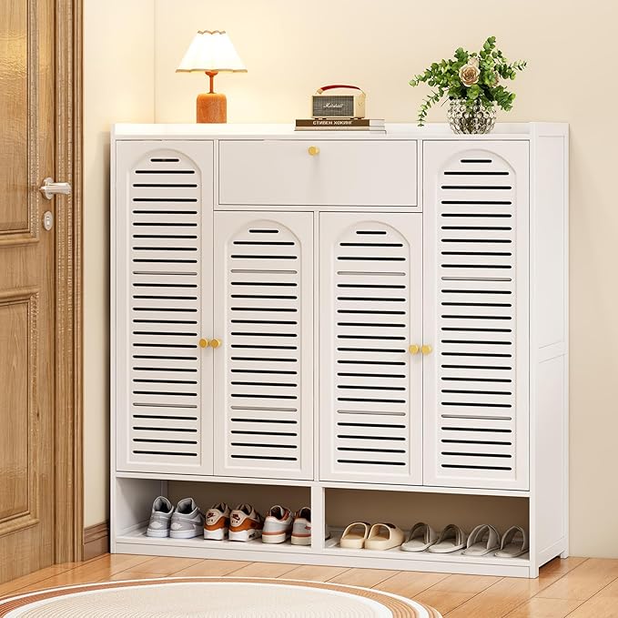 7-Tier Shoe Storage Cabinet with Shutter Doors, Large Capacity Shoe Cabinet With Drawers Sneakers Shoe Rack Shelf for Entryway, Freestanding Shoe Organizer with Thickened Adjustable Shelves for Closet