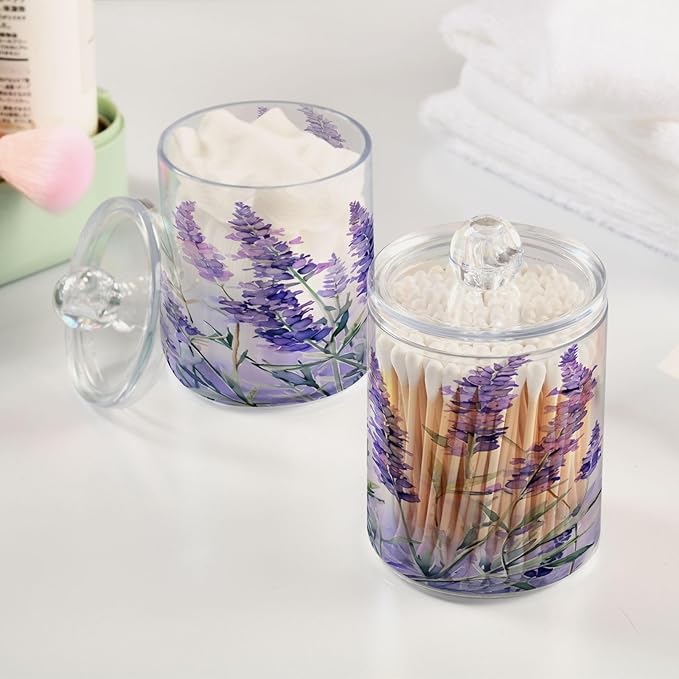 4 Pack Qtip Holder Dispenser Purple Lavender Floral A Cotton Ball Swab Round Pads Floss Clear Bathroom Storage Containers Plastic Apothecary Jars with Lids