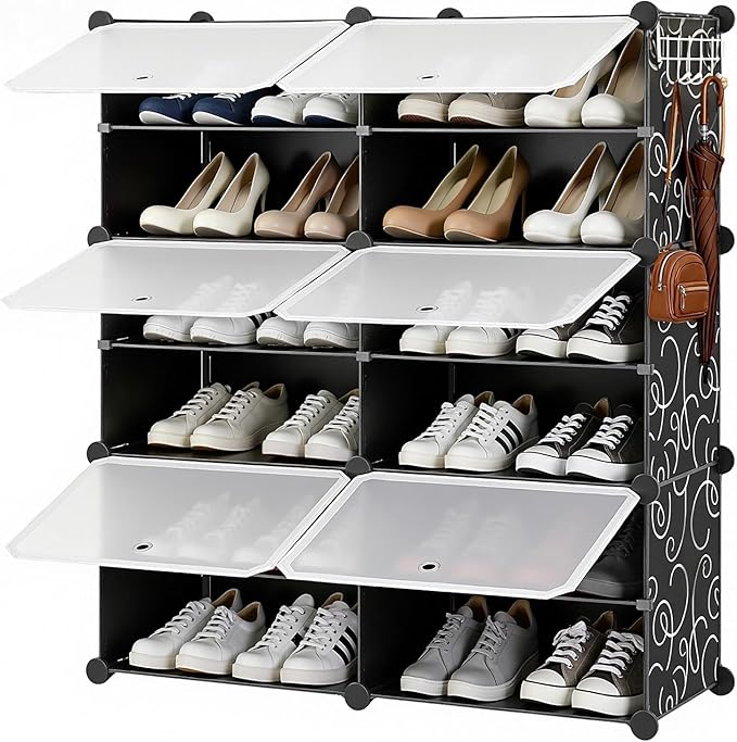 Simple Deluxe 6-Tier Shoe Rack Organizer with Doors, Stackable Shoe Storage Cabinet for Entryway Closet, Plastic Shoe Shelf with Metal Frame, Holds up to 24 Pairs for Bedroom Hallway, Black