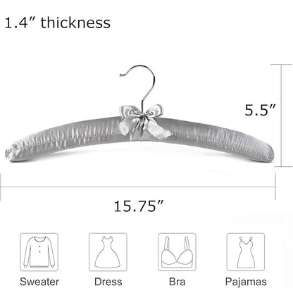 Grey Satin Padded Sweater Hangers 10 Pack, Blouse Hanger with Thick & Soft Foam for Bridal Wedding Dress Lingerie, Smooth Silk Covered Shirt Hanger Without Shoulder Bump