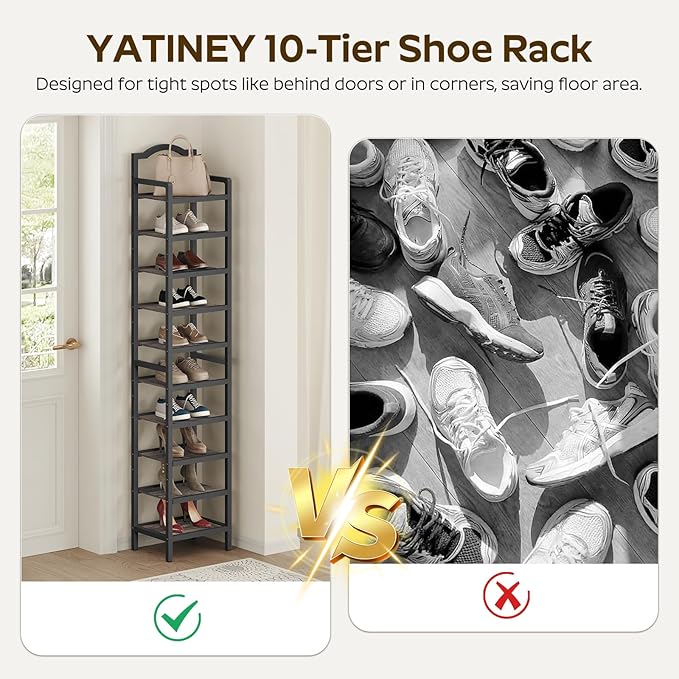 YATINEY 10-Tier Tall Shoe Rack, Vertical Shoe Organizer for Small Spaces, Wooden Shoe Shelf for Entryway, Space Saving Shoe Storage, Holds 10 Pairs of Shoes, Charcoal Gray and Black SS50BC