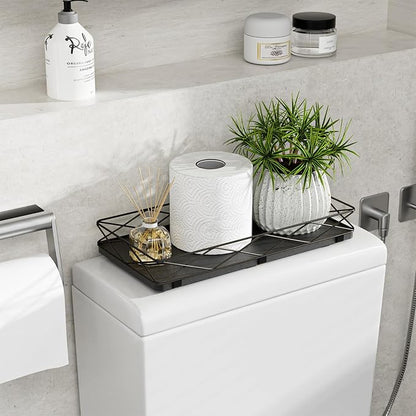Lixple Toilet Paper Basket Holder, 13" Toilet Tank Tray, Wood and Metal Toilet Tray Vanity Organizer Bathroom Tray, Kitchen Sink Organizer for Soap Dispenser (Black)