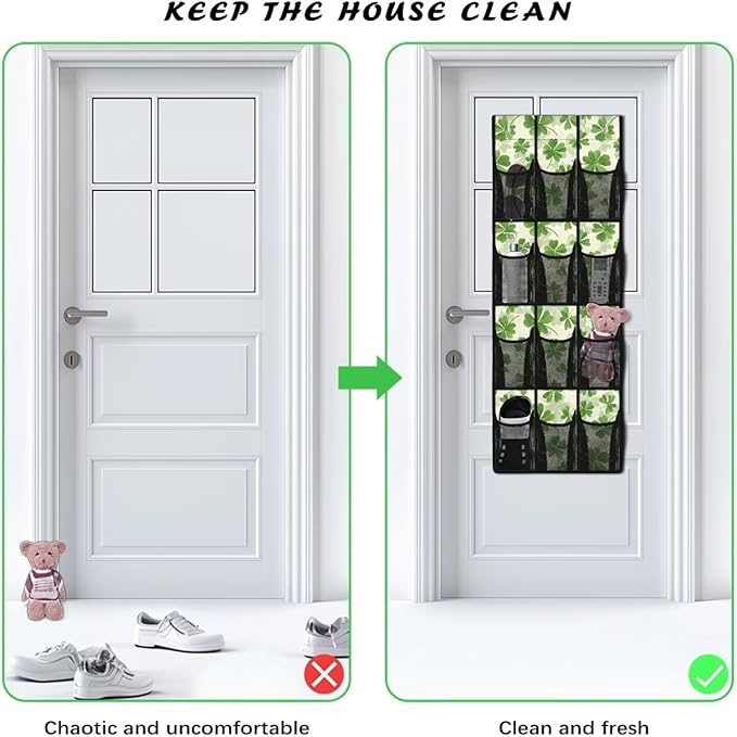 12-Pocket Storage Hanging Bag Behind the Door, Over the Door Organizer for Shoes Toys and Bathroom Essentials, Fabric Door Organizer for Bedroom Closet Dorm, Green Lucky Leaves