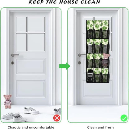 12-Pocket Storage Hanging Bag Behind the Door, Over the Door Organizer for Shoes Toys and Bathroom Essentials, Fabric Door Organizer for Bedroom Closet Dorm, Green Lucky Leaves