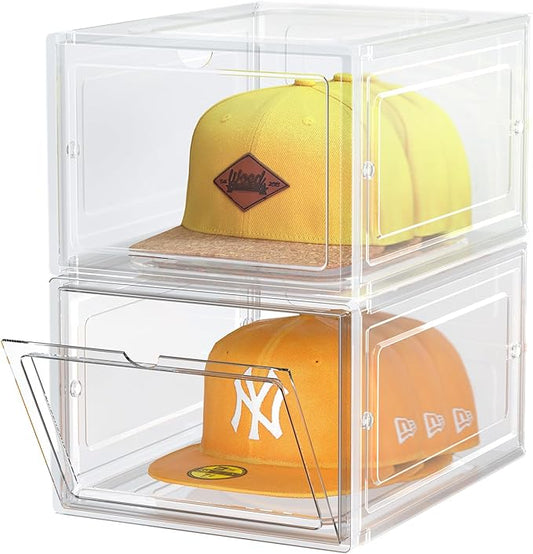 SCAVATA Hat Organizer Box, Stackable Clear Baseball Caps Holder Box Containers with Magnetic Door for Hats Snapback Cap Storag, Hat Rack Display Case, Holds 8 Hats Each (Clear, 2 Pack)