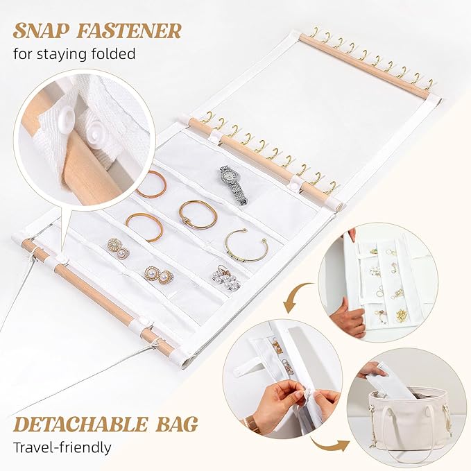Necklace Holder Wall Mount, Hanging Jewelry Organizer, 20 Hooks & 14 Pockets, Wall Necklace Organizer With Detachable PVC Bags for Tavel, Jewelry Necklace Hanger for Bracelets,Rings Display