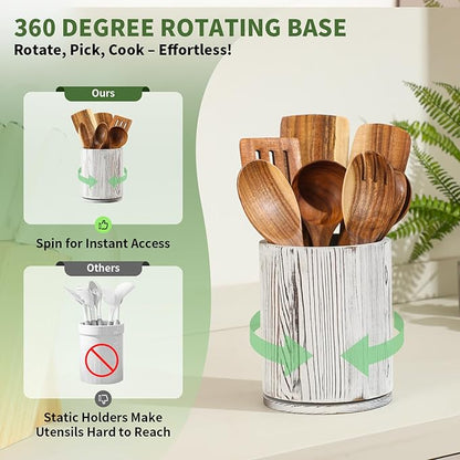 Wooden Utensil Holder, 360°Rotating 7.3'' Large Utensil Holder for Kitchen Counter, Kitchen Utensil Organizer, Utensil Crock, Farmhouse Kitchens Countertop Decor, Distressed White
