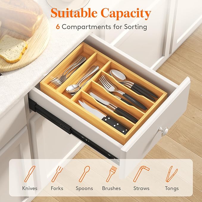 Lifewit Silverware Drawer Organizer, Utensil Tray for Kitchen, Flatware and Cutlery Holder, Storage for Spoons Forks Knives, 25 x 39cm, Natural