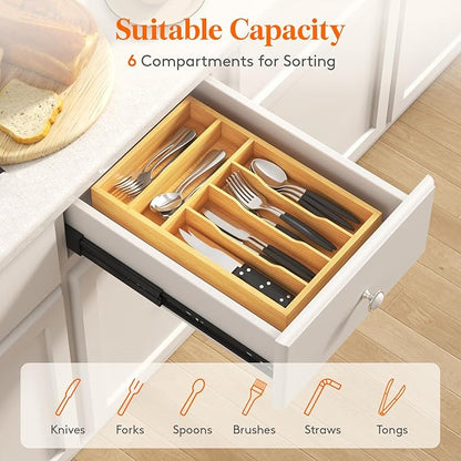 Lifewit Silverware Drawer Organizer, Utensil Tray for Kitchen, Flatware and Cutlery Holder, Storage for Spoons Forks Knives, 25 x 39cm, Natural