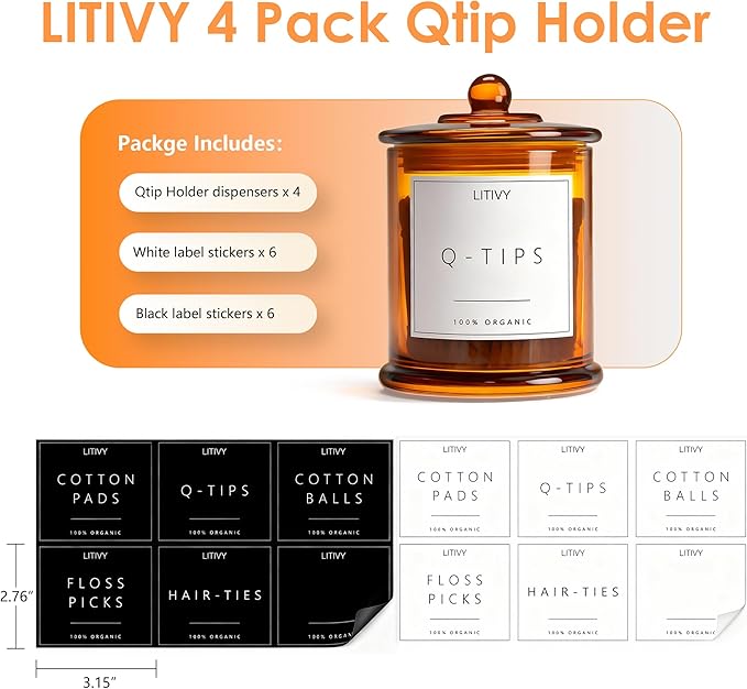 LITIVY 4 Pack Bathroom Organizers and Storage - 16 Oz Glass Qtip Holder & Cotton Pad Dispenser with Lid, Apothecary Jars for Home, Room Decor, Kitchen Organizer (Amber)